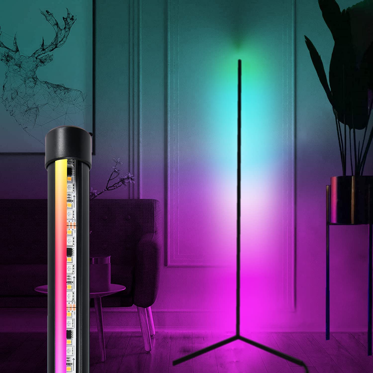 Lámpara de pie RGB que cambia de color, LED 2 en 1, lámpara alta colorida  para dormitorio, lámpara de lectura súper brillante de 22 W, luz de pie